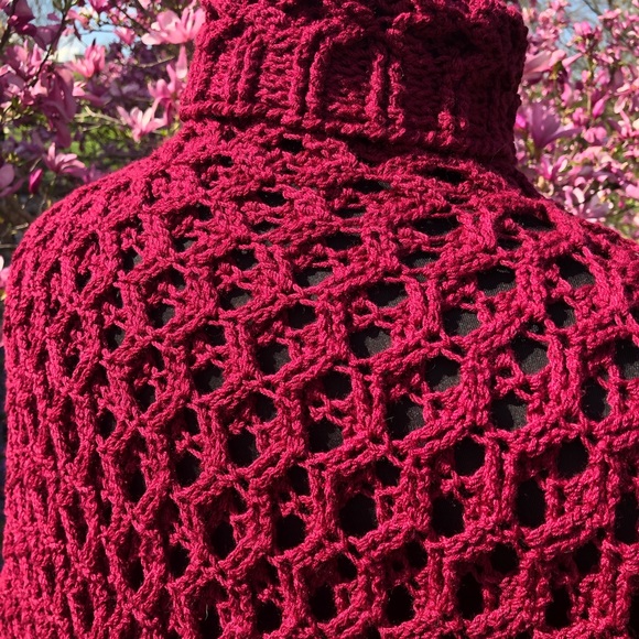 Handmade One of a Kind Crochet Poncho in Cranberry - Picture 4 of 11